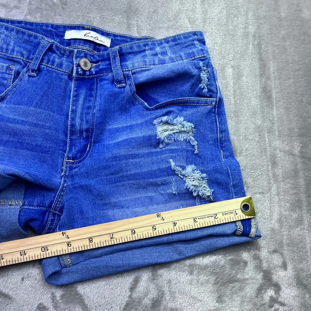 KanCan Womens Blue Denim Jean Shorts Distressed Cuffed‎ Casual Sz 27 Fits 26